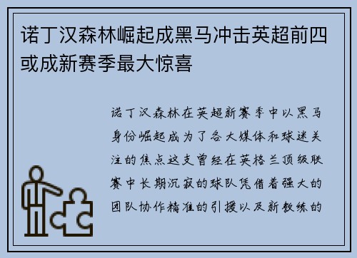 诺丁汉森林崛起成黑马冲击英超前四或成新赛季最大惊喜